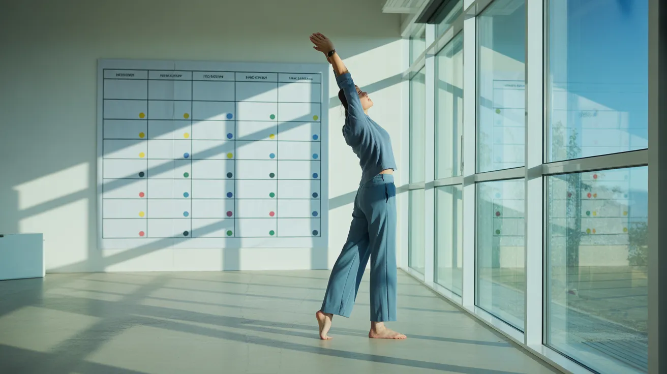 An ultra-wide view of a sunlit home office. A woman takes a stretch break by the window, with a large strategic wall planner in the background.