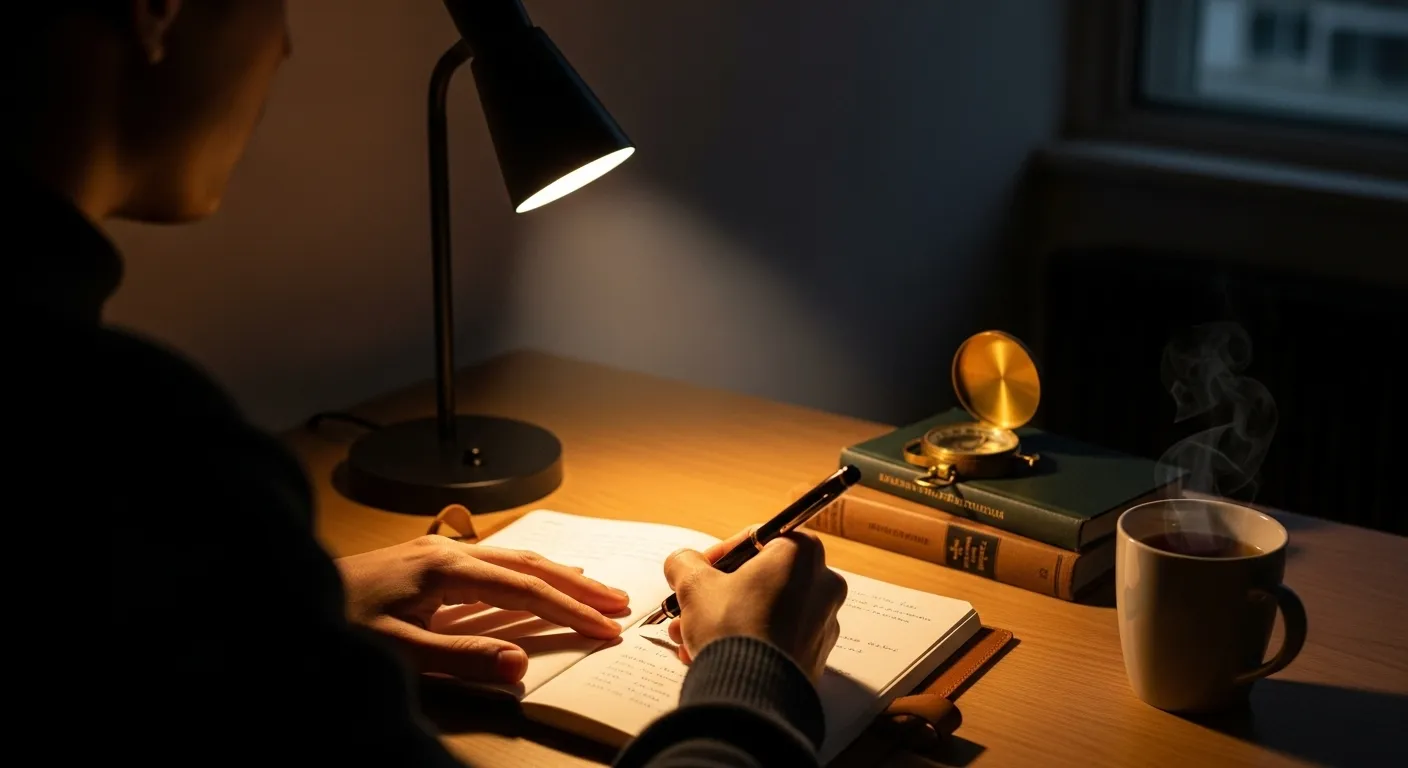 A person's hands writing in a journal under the warm light of a desk lamp in a dark room.