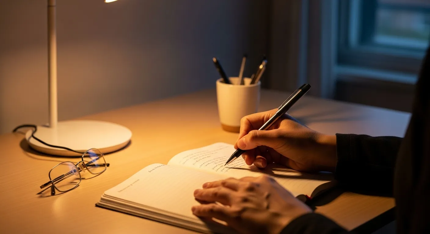 A close-up of a person's hand writing in a notebook under the warm glow of a desk lamp at night, with reading glasses on the table.