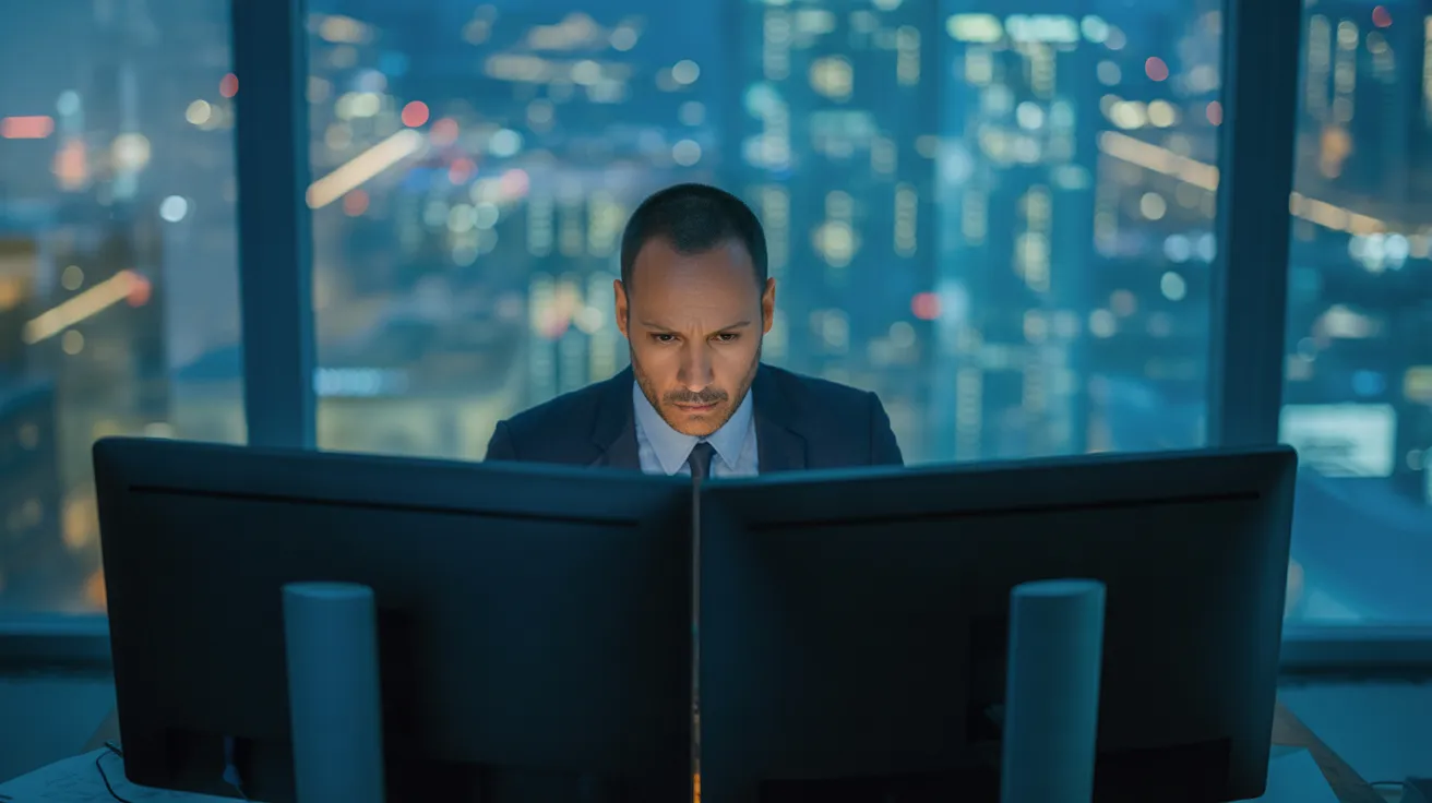 A person seen from a low angle sits at a desk in a high-rise office at night, focused on two computer monitors, with neon city lights glowing through 