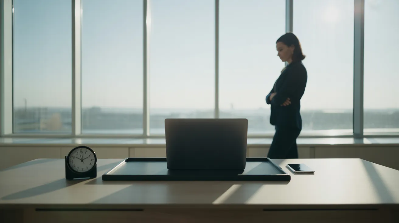 An ultra-wide view of a sunlit office. A woman takes a break by the window, her neat desk with a clock and closed laptop in the foreground.