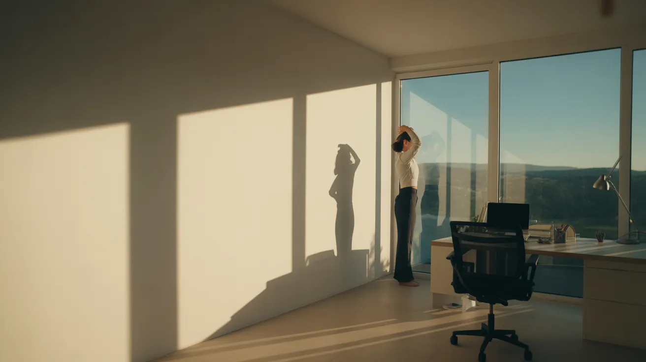 A woman takes a stretching break by the window in a stark, sunlit home office with a tidy desk.