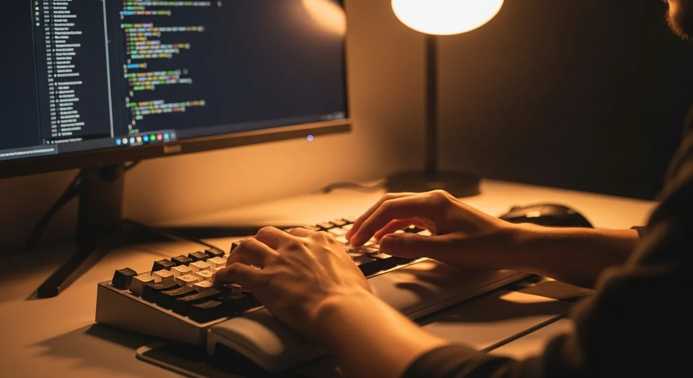 Close-up on a person's hands typing on an illuminated keyboard in a dimly lit room, with a blurry computer screen in the background.