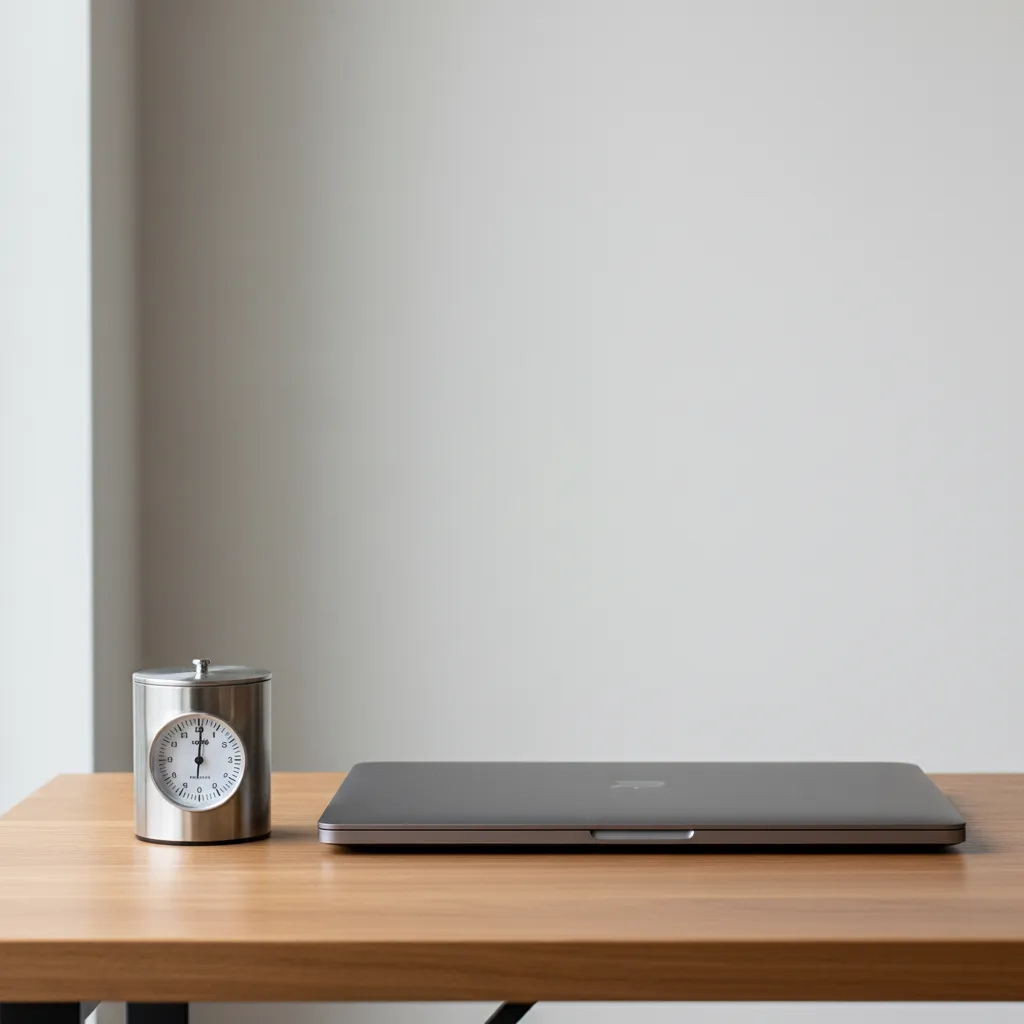 An analog timer on a desk next to a closed laptop, set up for a focused work session without digital distractions.