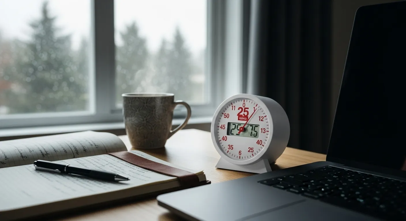 A minimalist desk setup with an analog timer counting down next to a closed laptop, indicating a focused work block.
