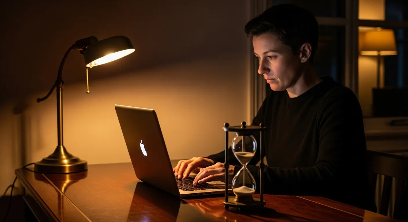 Close-up of a person's hands typing on a laptop next to an hourglass running out of sand, illuminated by a warm lamp at night.