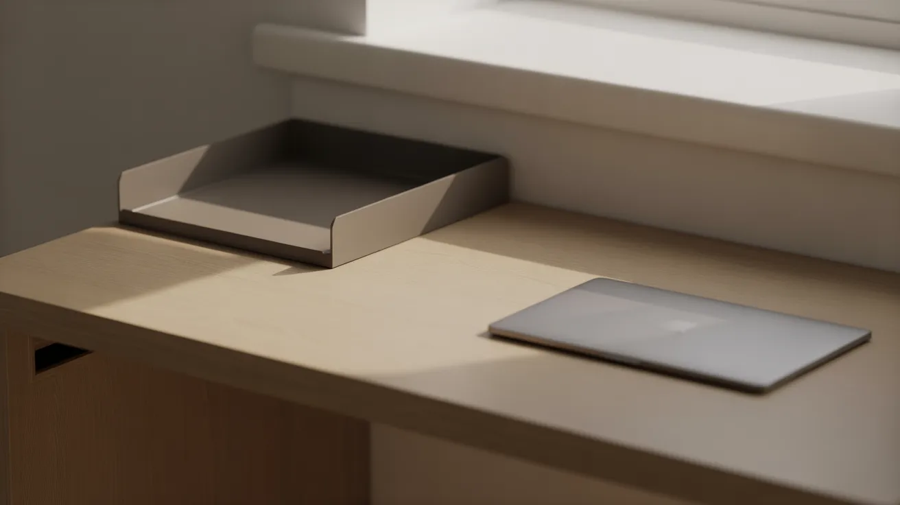 A tidy home office desk with a designated paper tray on one side and a closed laptop on the other, representing a newly organized workspace.
