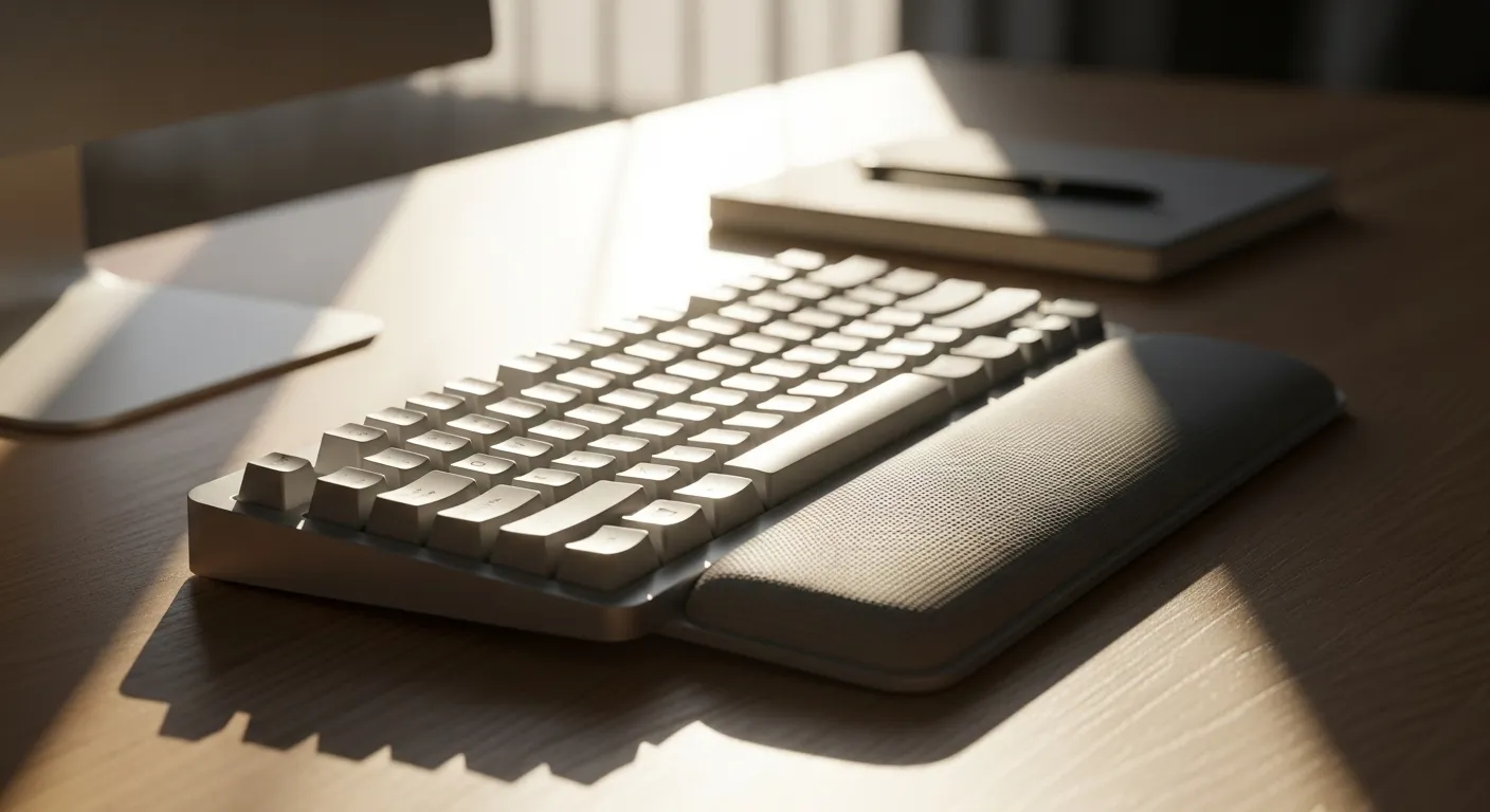 A close-up of a minimalist keyboard and wrist rest on a wooden desk, illuminated by natural morning light from the side.