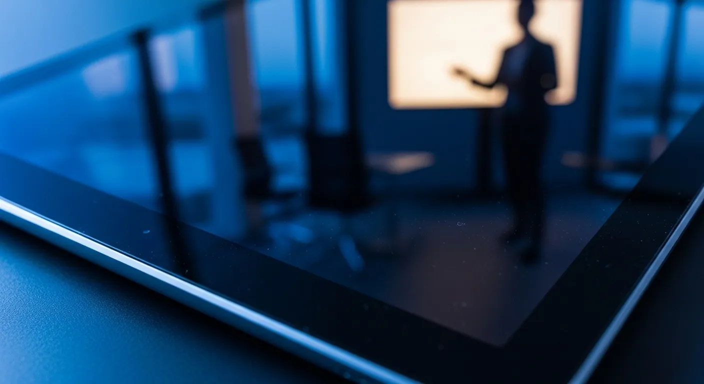 An extreme close-up on the edge of a tablet, its dark screen reflecting a blurry figure presenting in an office at twilight.