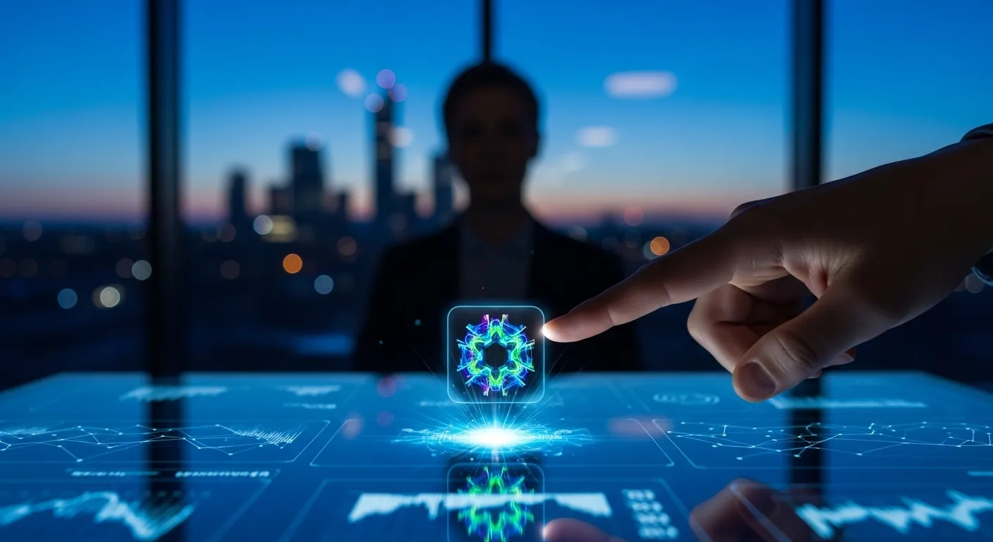 A close-up on a person's finger pointing at a luminous user interface element on a large screen in a dimly lit office at dusk.