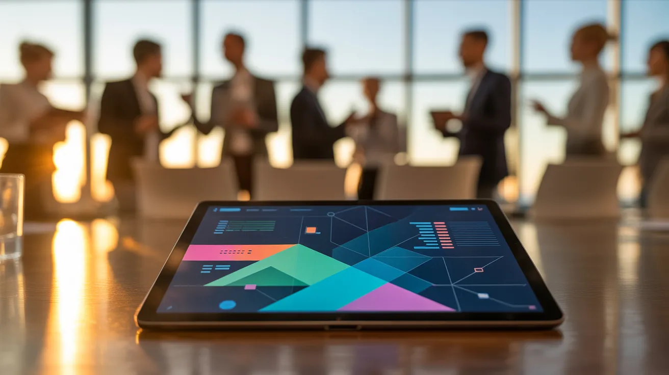A close-up of a tablet showing an abstract UI on a meeting table, with a diverse team collaborating in the background during sunset.