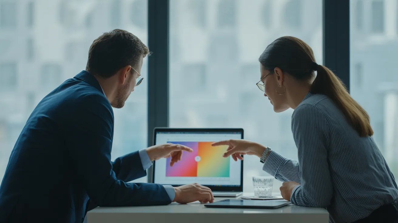 Two colleagues in a modern office actively discuss a project on a laptop, with soft, natural light filling the space.
