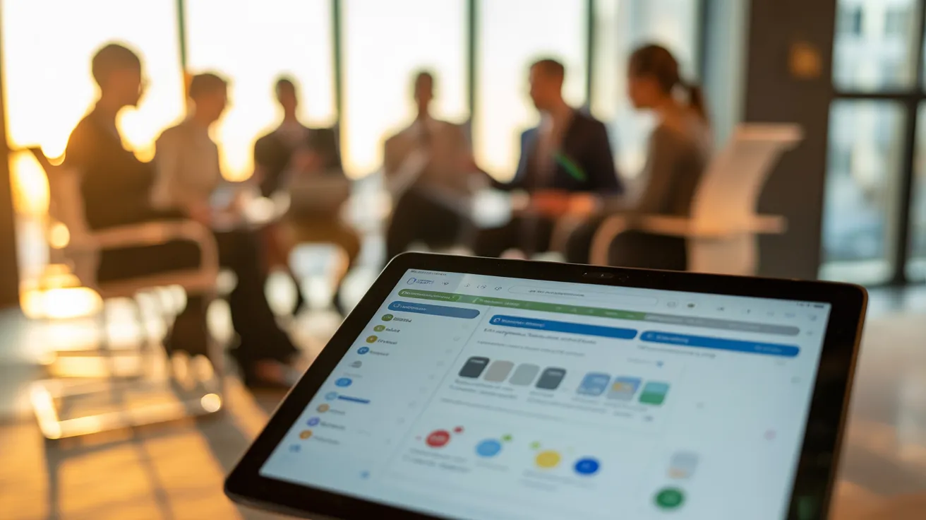 A close-up of a tablet on a desk with a blurred interface, with a team meeting in a sunlit room visible in the background.