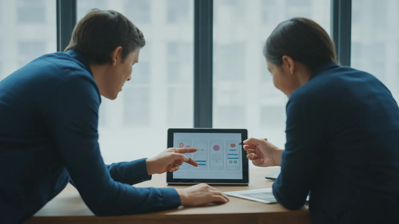 Two colleagues in a modern office discuss a project. One points to a tablet screen showing data while the other watches intently.
