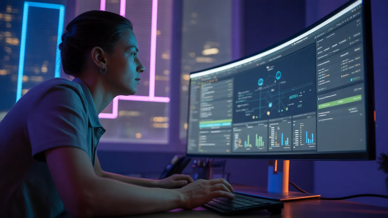 A person in a dark office at night, focused on a glowing data visualization on a large screen, with neon light reflections from outside.