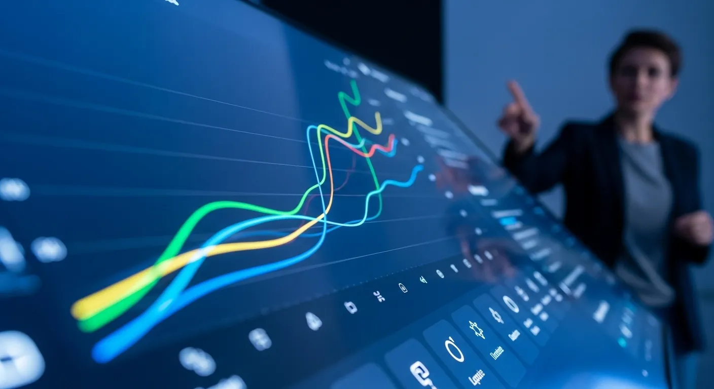 Close-up of an abstract upward-trending graph on a screen, with the silhouette of a presenter in the background during twilight.