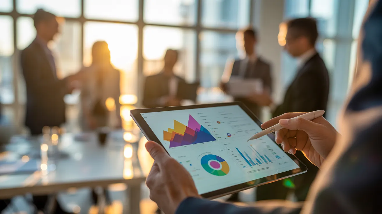 A close-up of a tablet screen showing a data dashboard during a business meeting in a sunlit room.