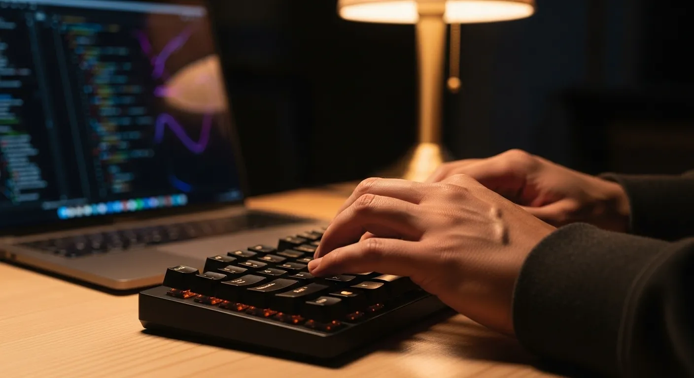 Close-up of hands typing on a mechanical keyboard at a desk, lit by a warm lamp in the evening.