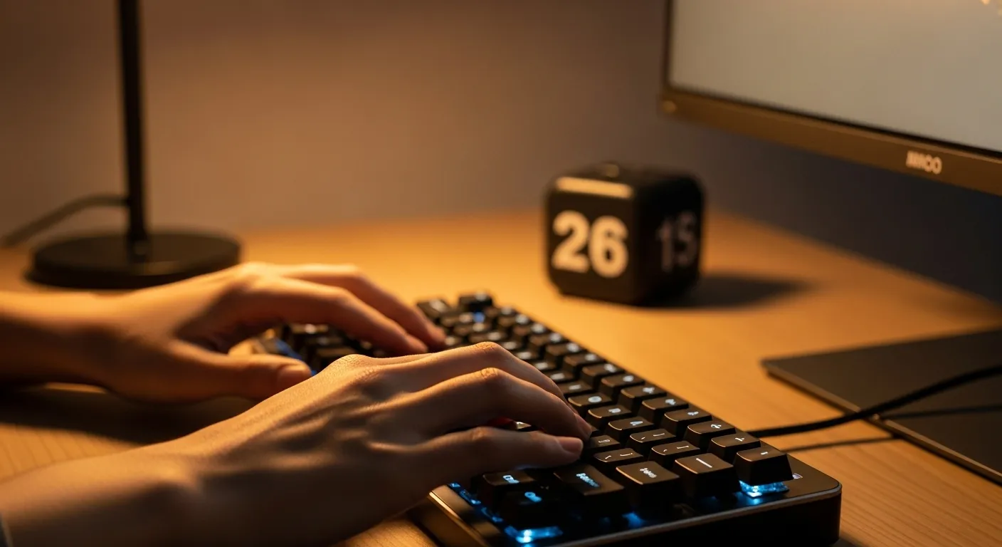 Close-up of hands typing on a keyboard, illuminated by a monitor's glow and a warm lamp at night.