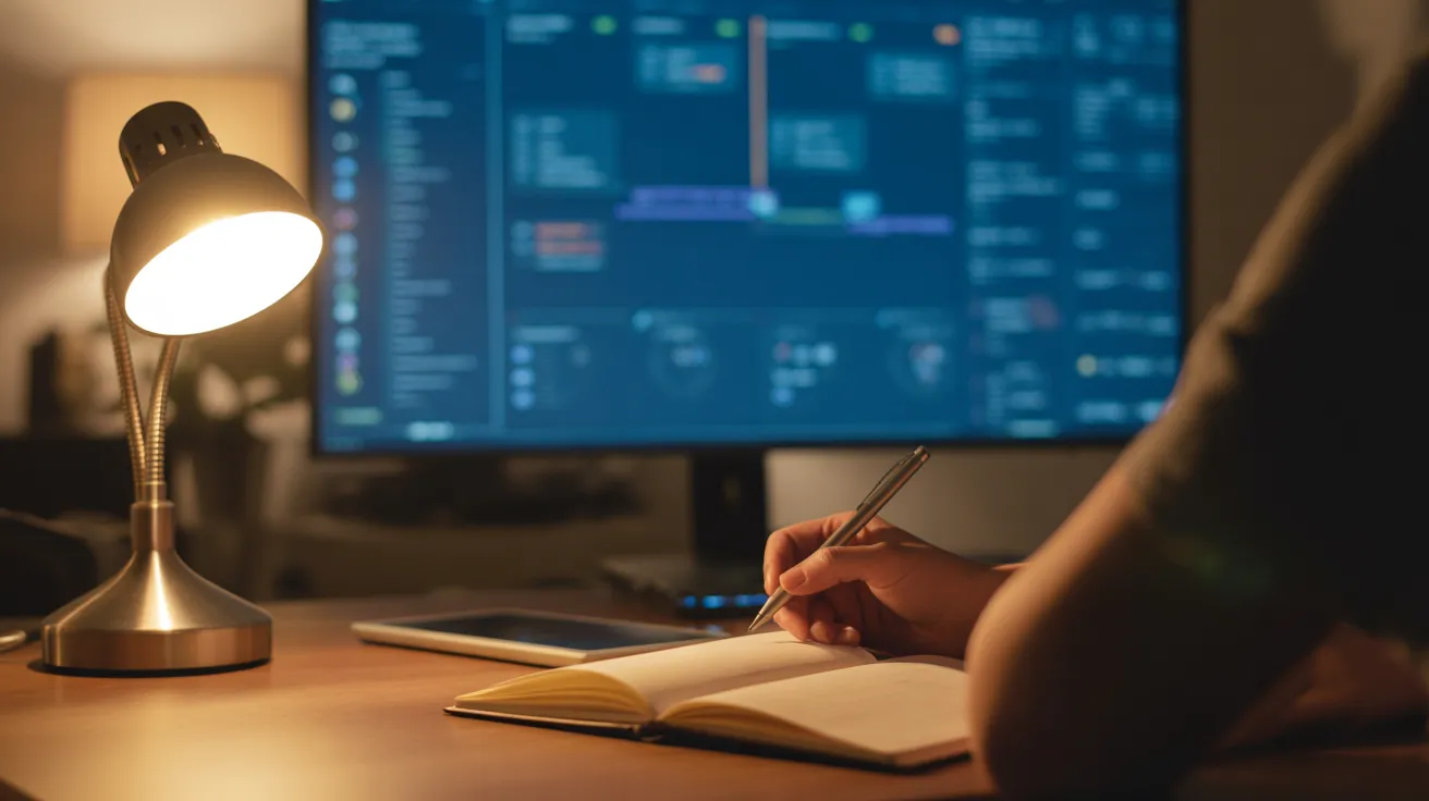 A person works at a desk under a warm lamp, with a blurry computer screen showing a complex user interface in the background. Long shot.