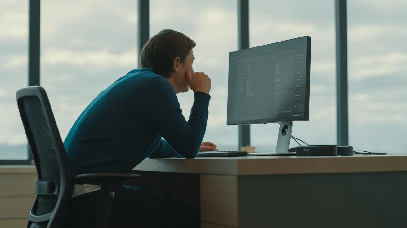 A person with a determined expression works at a computer in a home office, seen in a long shot with soft, cloudy daylight.