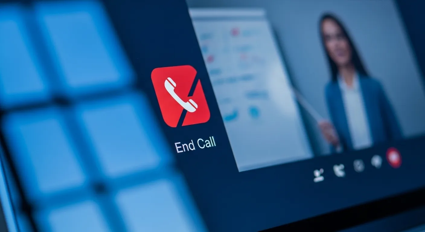 A close-up of a laptop screen during a video call at dusk, with the 'end call' button in focus and the presenter blurred in the background.