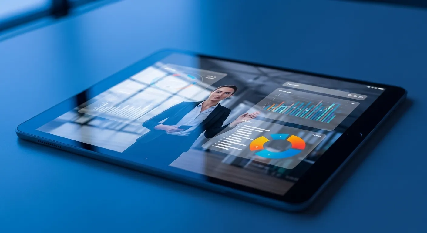 Close-up of a tablet screen showing a woman giving a business presentation, with blue evening light reflecting on the device.