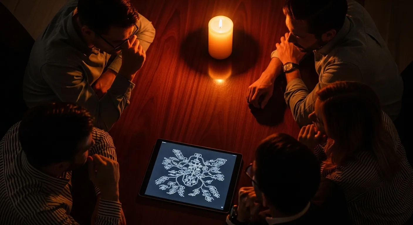 Top-down view of a team looking at a tablet with a mind map interface on a wooden table, illuminated by a single candle in a dark room.