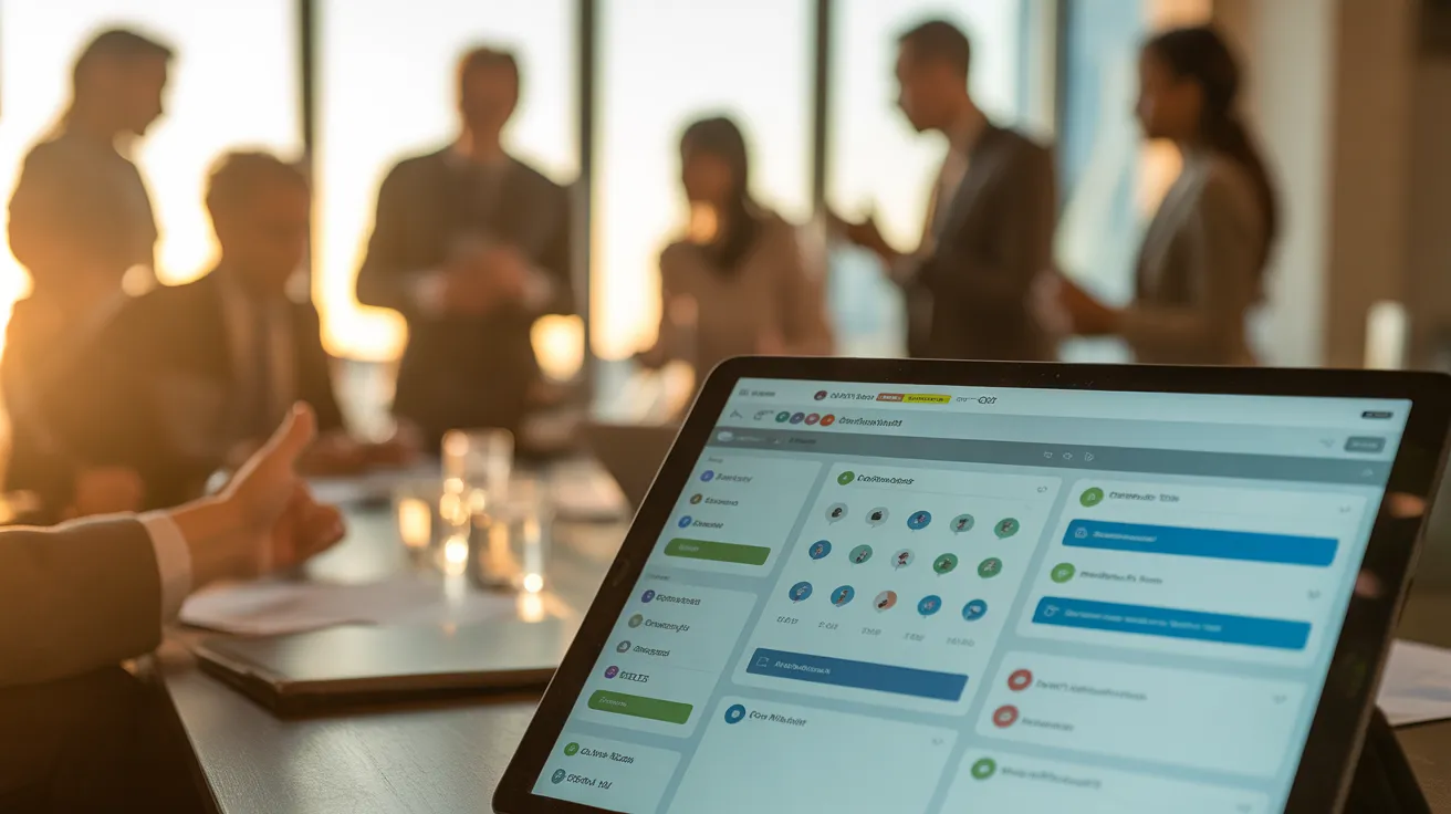 A close-up of a tablet showing a project management interface, with a team collaborating in a sunlit meeting room in the background.