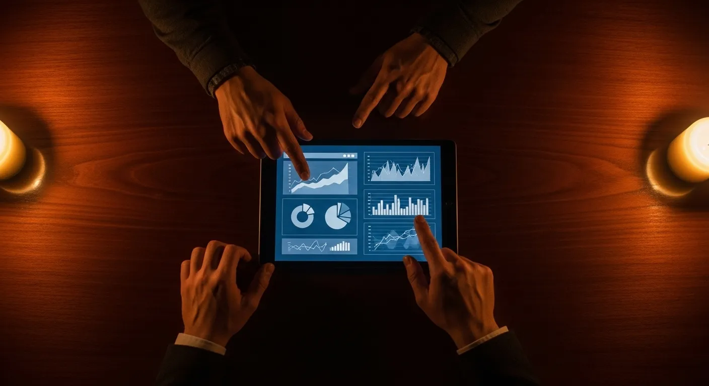 An overhead close-up of a tablet displaying abstract data charts on a table, lit by candlelight, with hands pointing at the screen.