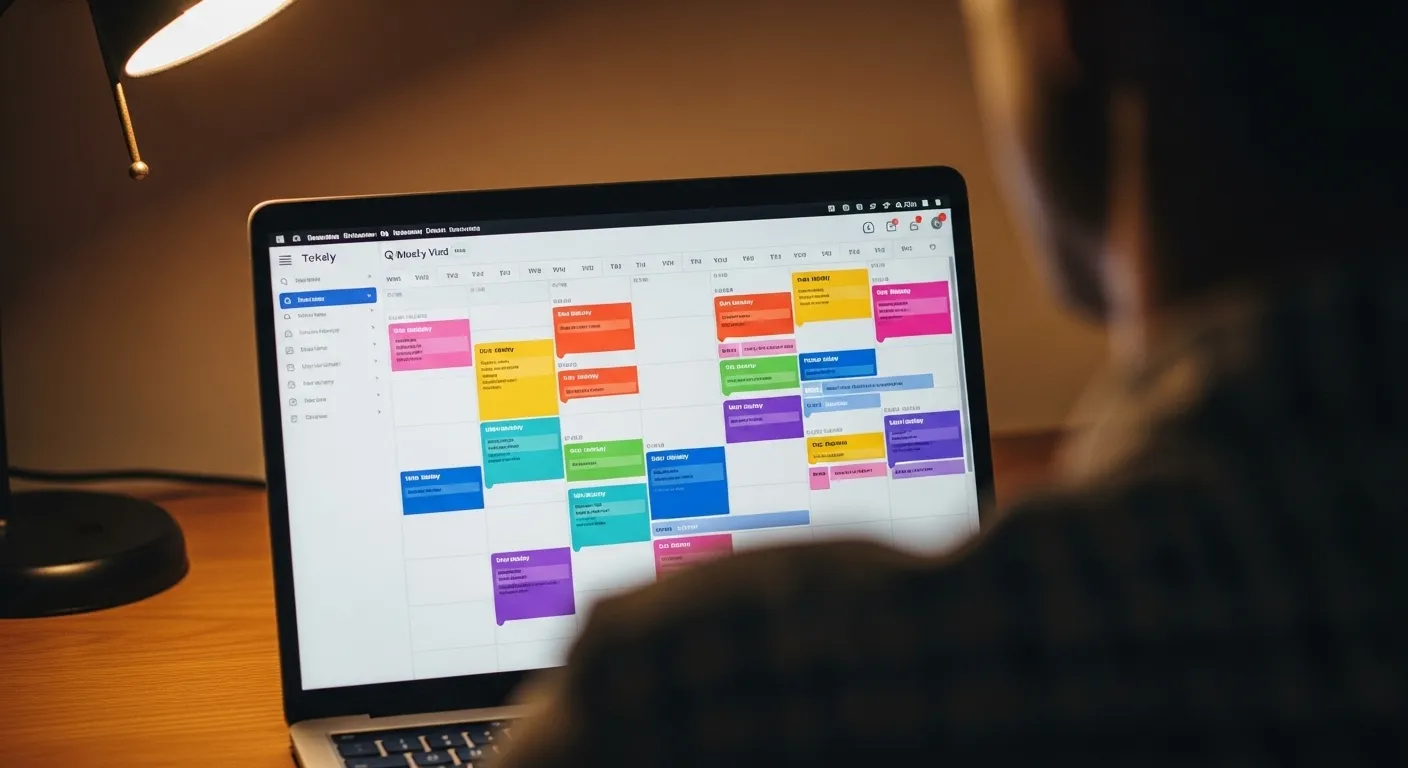 A person views a laptop screen with a weekly calendar UI showing colorful, non-legible time blocks, lit by a warm evening lamp.