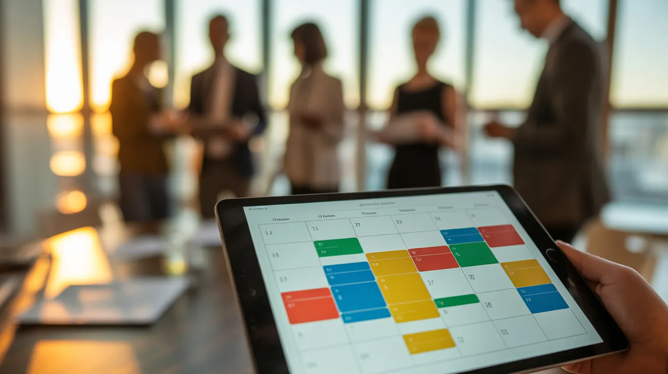 A close-up of a tablet screen showing a time-blocked calendar, with a blurred background of a team meeting during sunset.