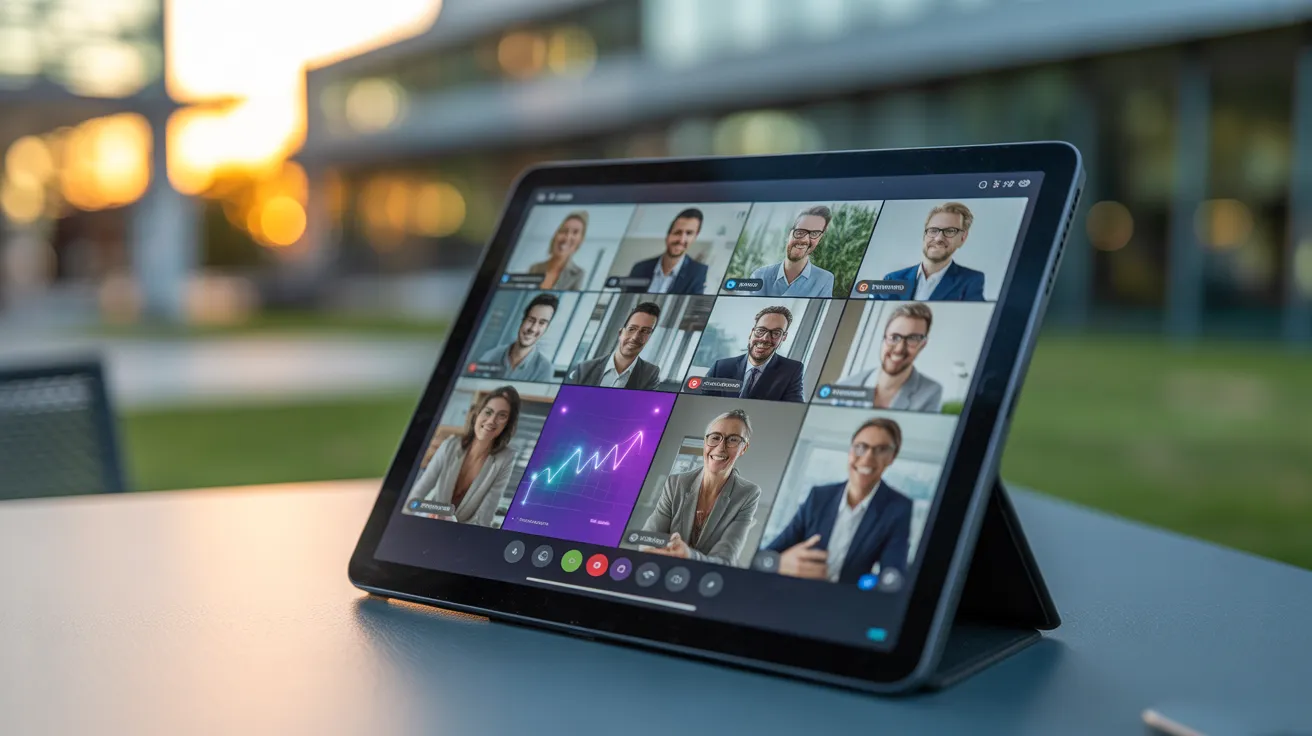 A tablet on an outdoor table shows a video meeting with a diverse group of professionals, with a warm, golden hour background.