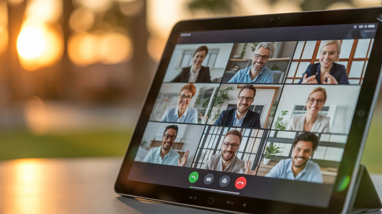 A close-up of a tablet screen showing a grid of diverse professionals in a virtual meeting, set against a warm golden hour background.