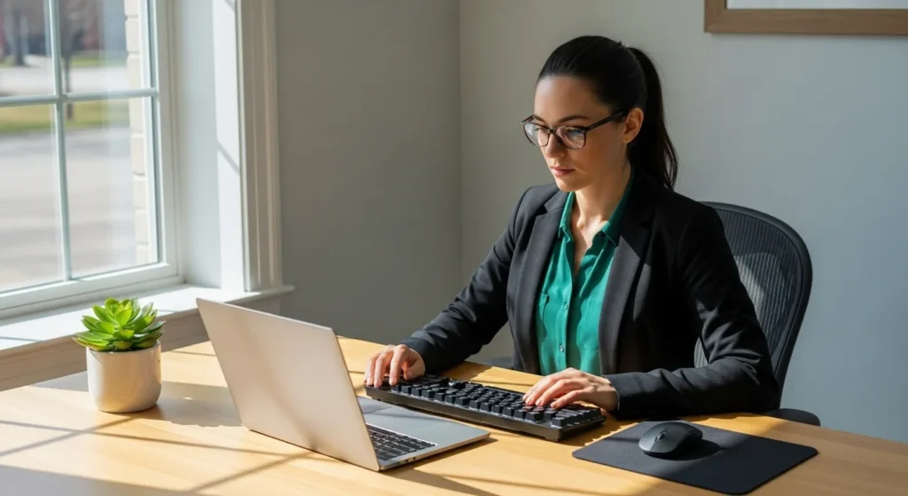 A woman with glasses works on a laptop at a clean, modern desk illuminated by natural window light.