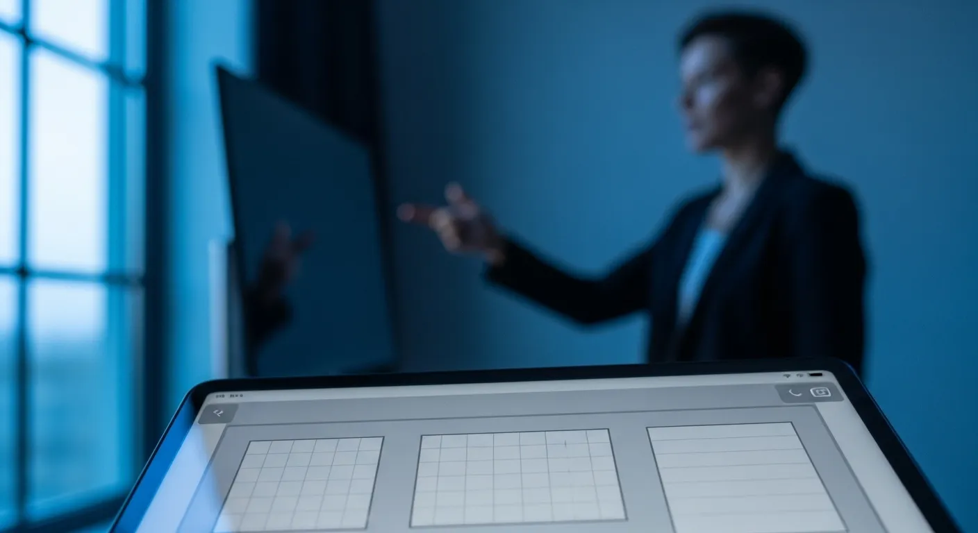 A close-up of a tablet screen with a digital whiteboard grid. A person presenting in a modern office is visible in the blurred background at dusk.