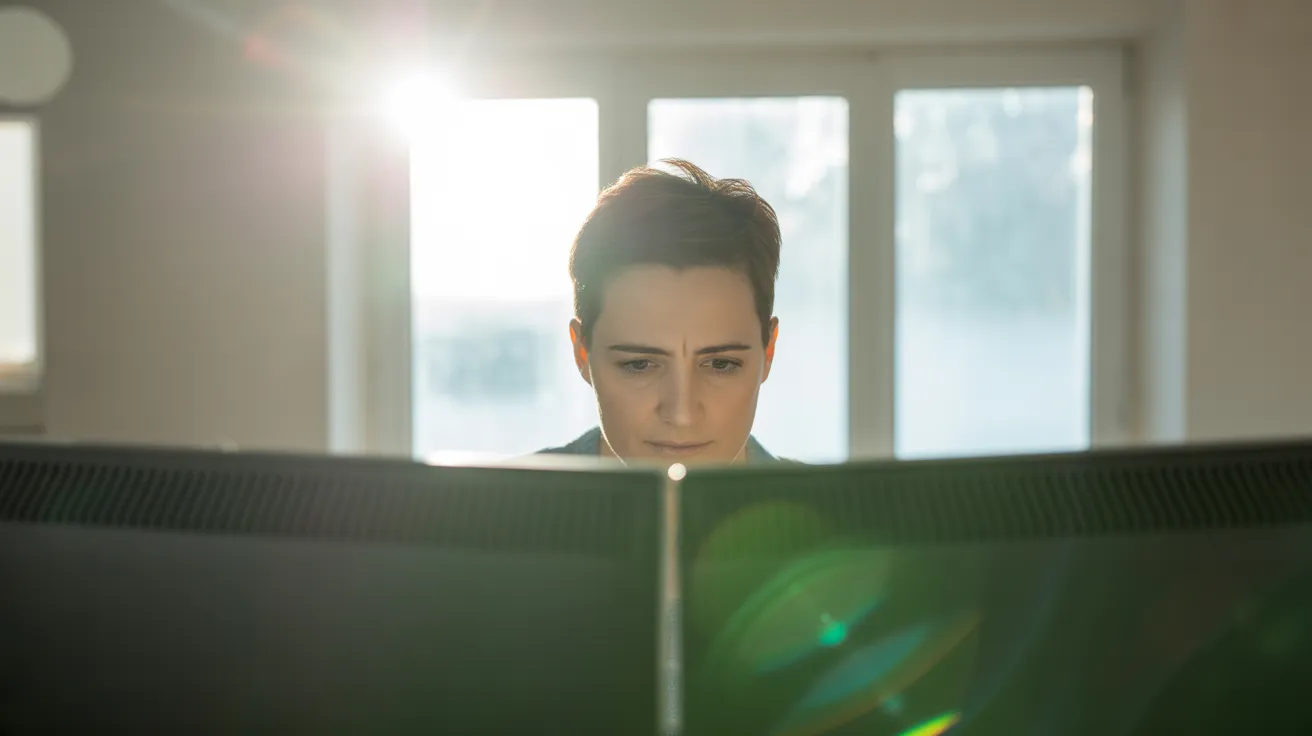 A person sits at a desk with two monitors, backlit by a bright window. They are focused on their work, creating a sense of productivity.
