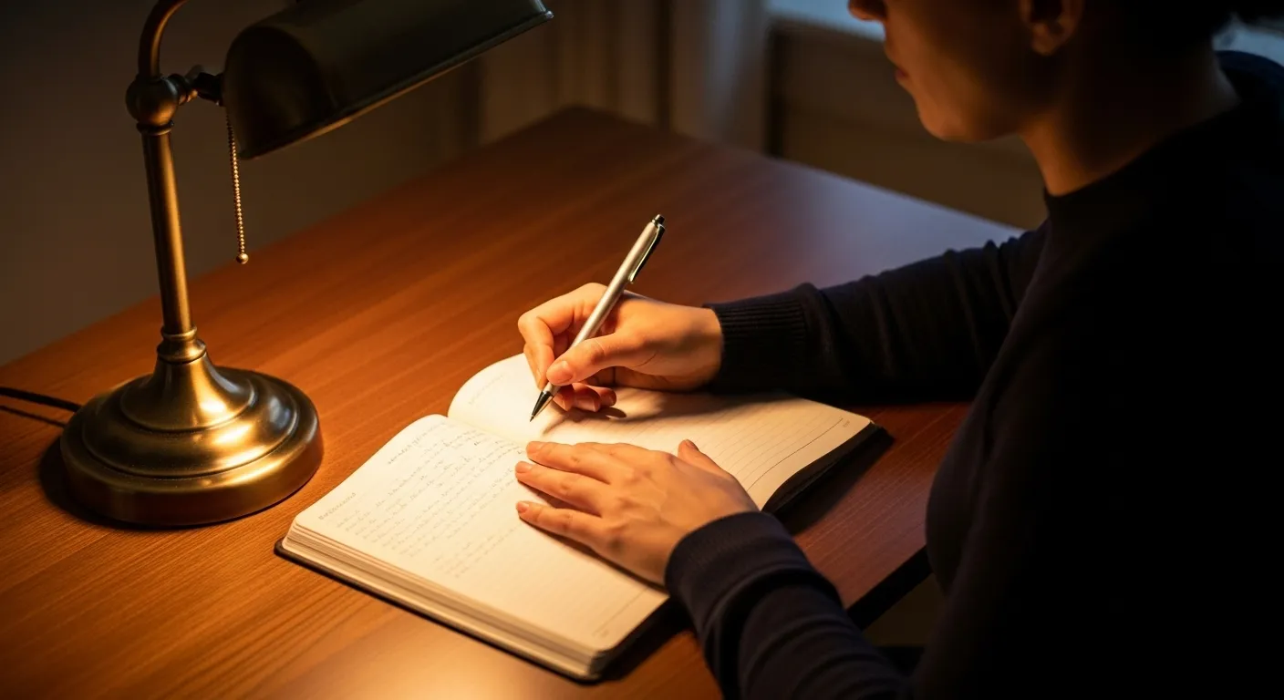 A person's hands writing in a journal on a dark wood desk under the warm, focused light of a lamp at night.