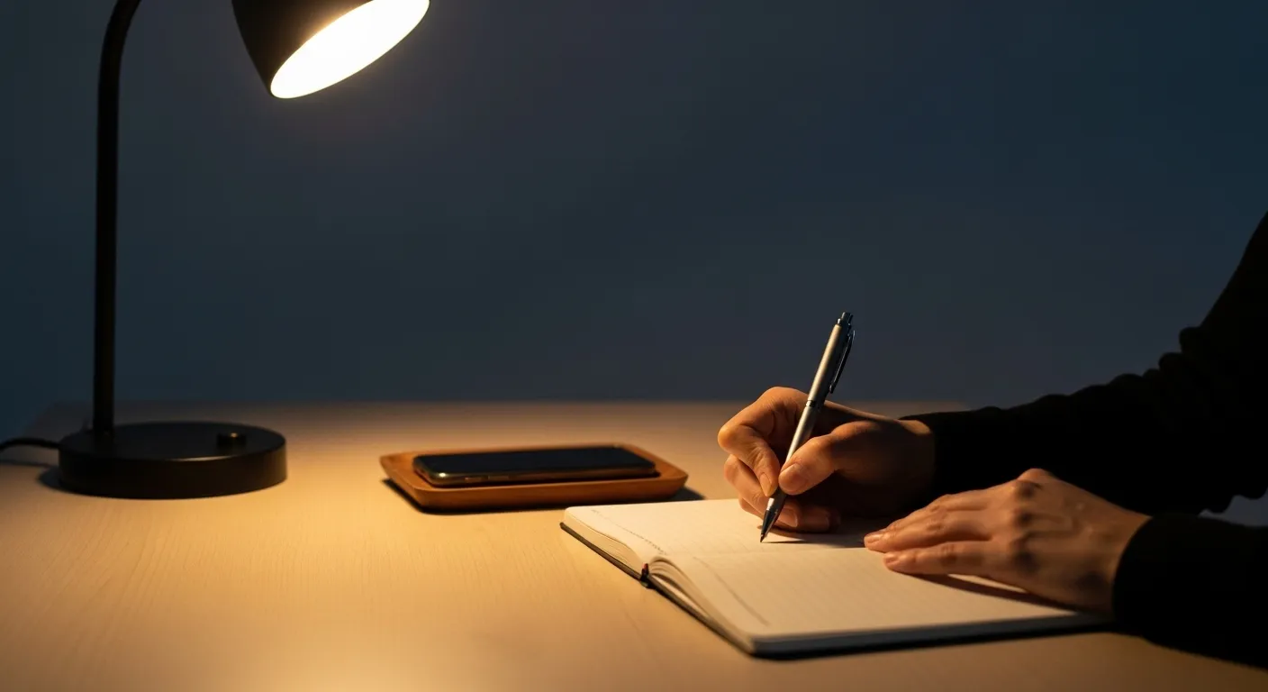 A person writes in a notebook at a tidy desk under warm lamplight, with their phone turned over to avoid distractions.