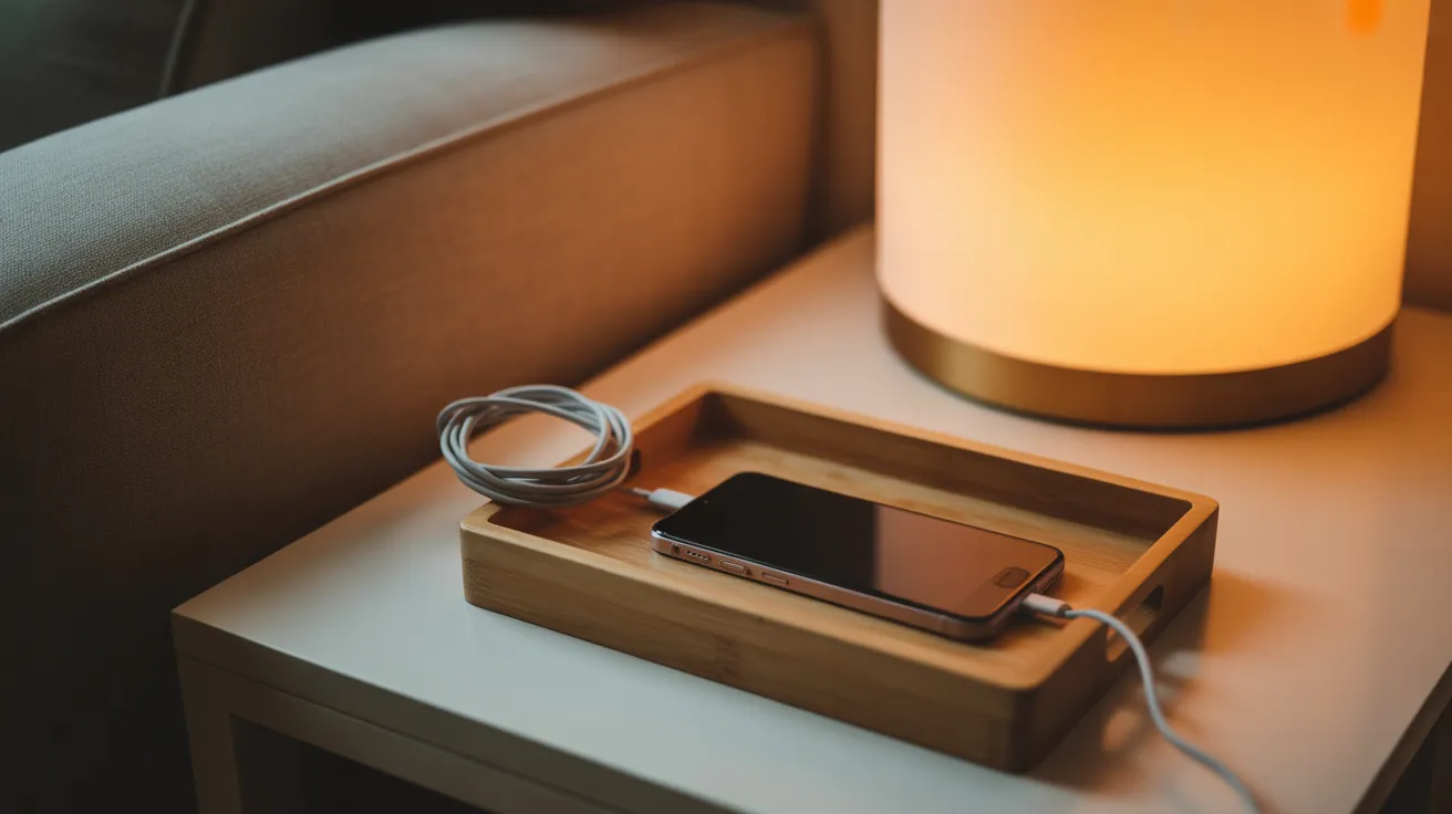 A smartphone charging face down in a wooden tray on a side table, signifying the end of the day's screen time.