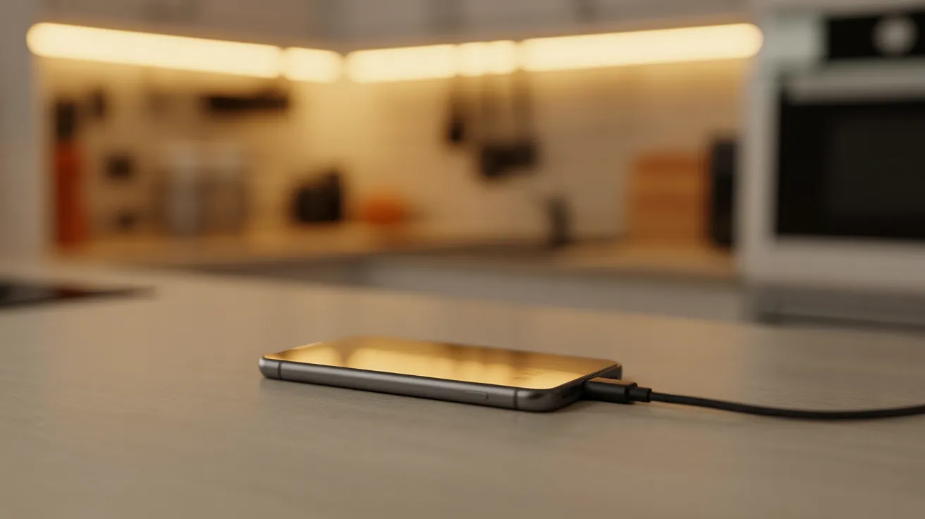 A smartphone charging face down on a quiet kitchen counter at night, signifying a digital curfew.