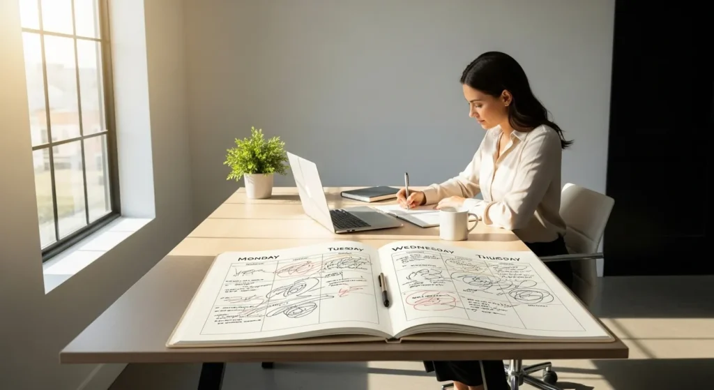 A person sits at a tidy desk in a brightly lit room, focused on writing in a physical planner. A closed laptop is visible to the side.