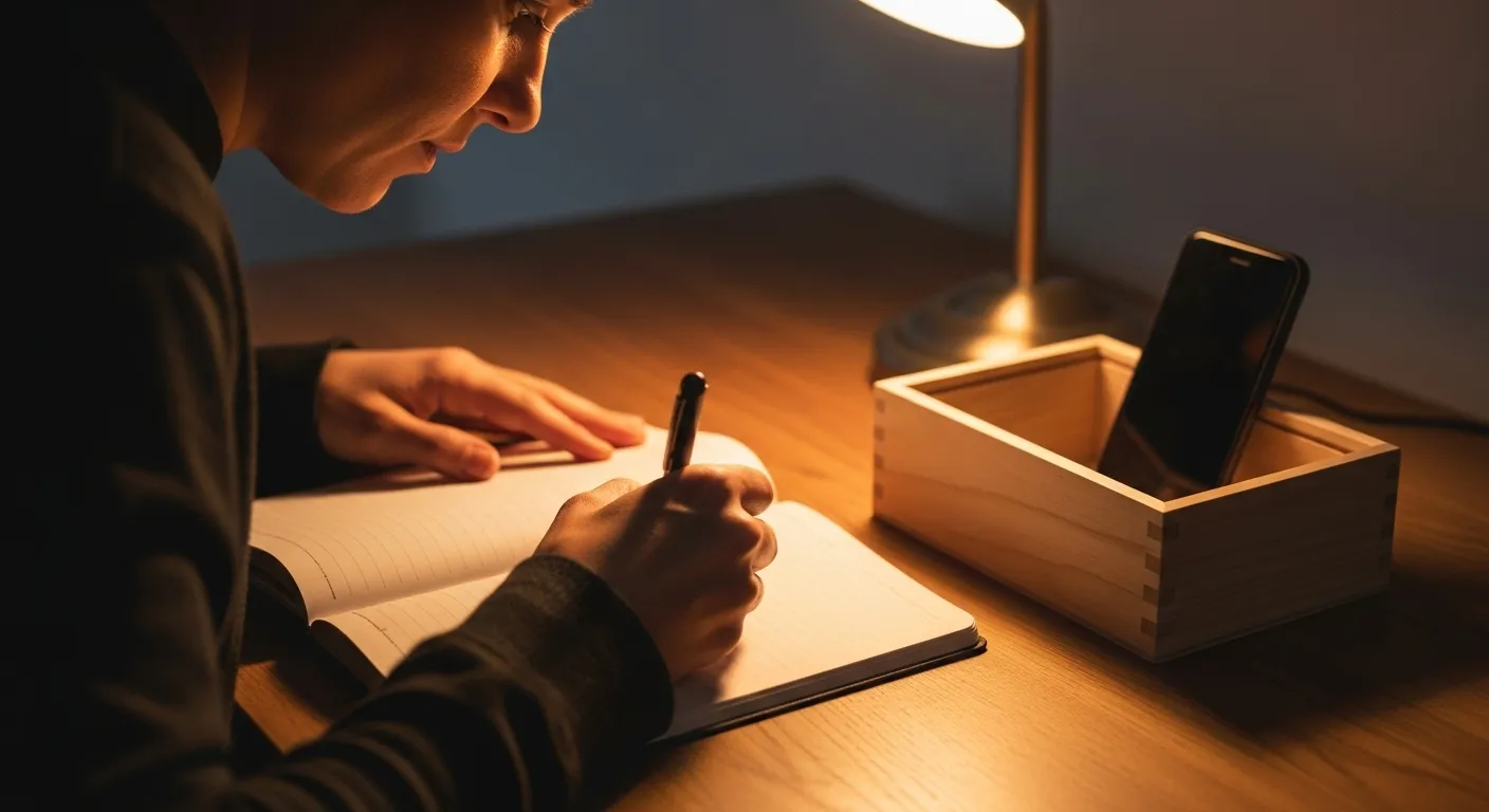 A person's hands writing in a journal under warm lamplight, with a smartphone resting inside a small wooden box on the desk.