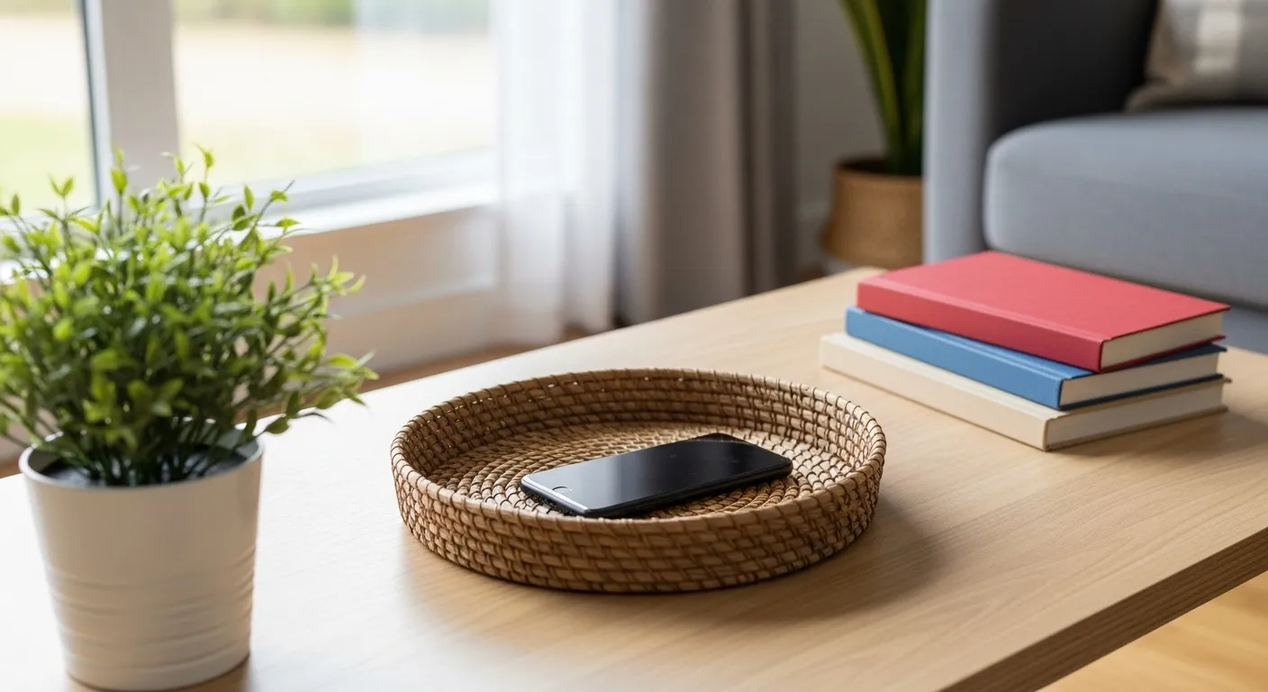 A smartphone sits face-down in a small basket on a coffee table, next to books and a plant, suggesting a screen-free space.