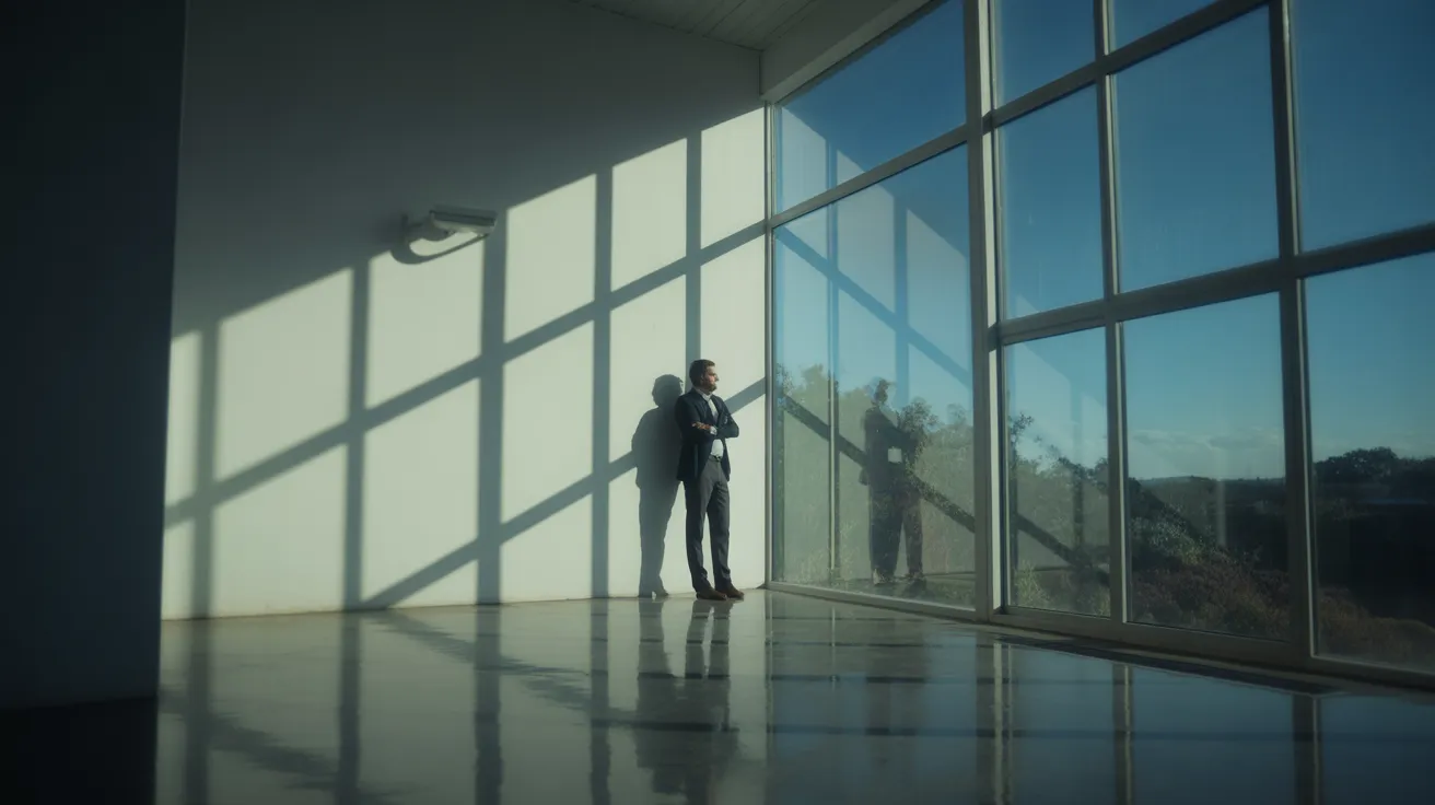 A person stands by a large window in a minimalist office during midday. Strong sunlight creates long shadows on the floor.