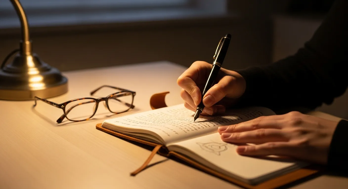 A person's hands writing in a notebook with a fountain pen under the warm glow of a desk lamp at night.
