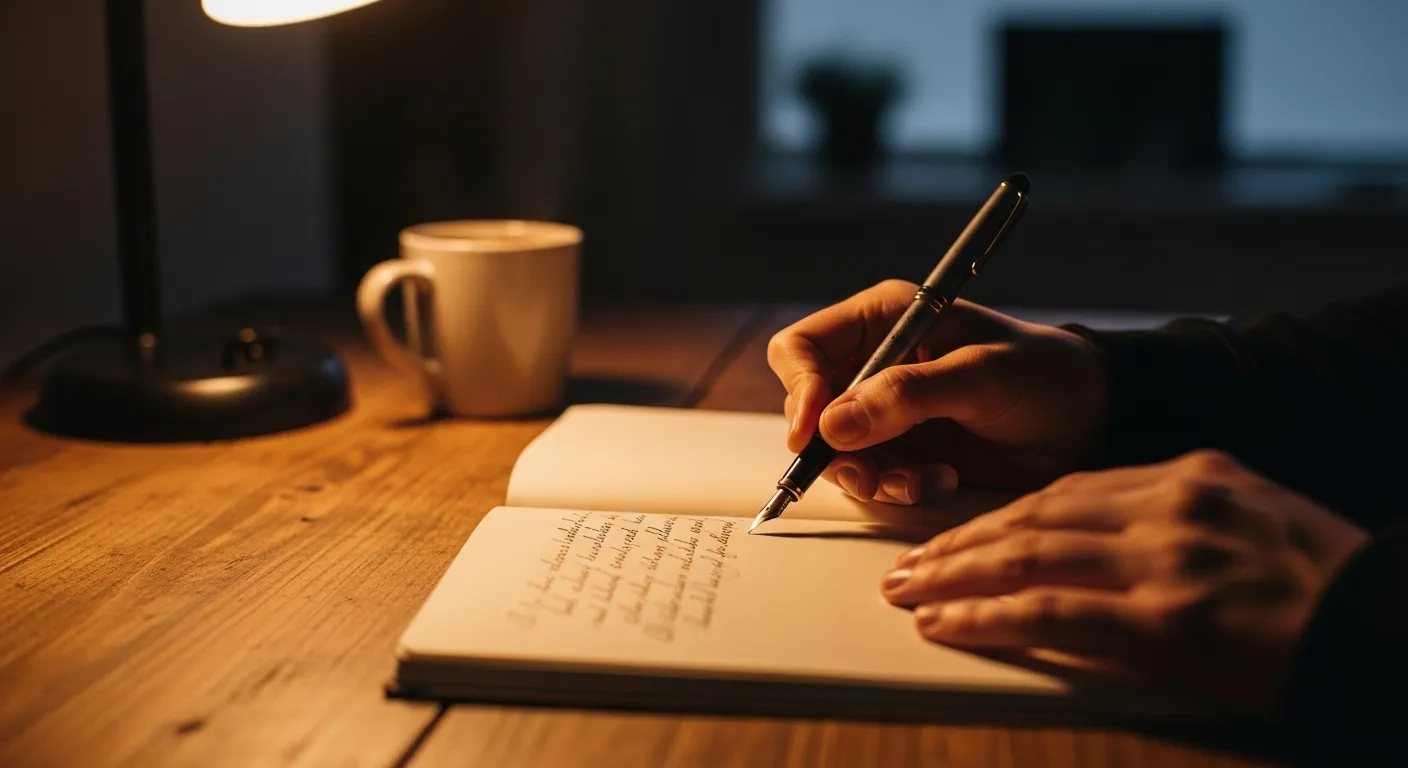 Close-up of hands writing in a notebook on a desk, lit by a warm lamp in a dark room.
