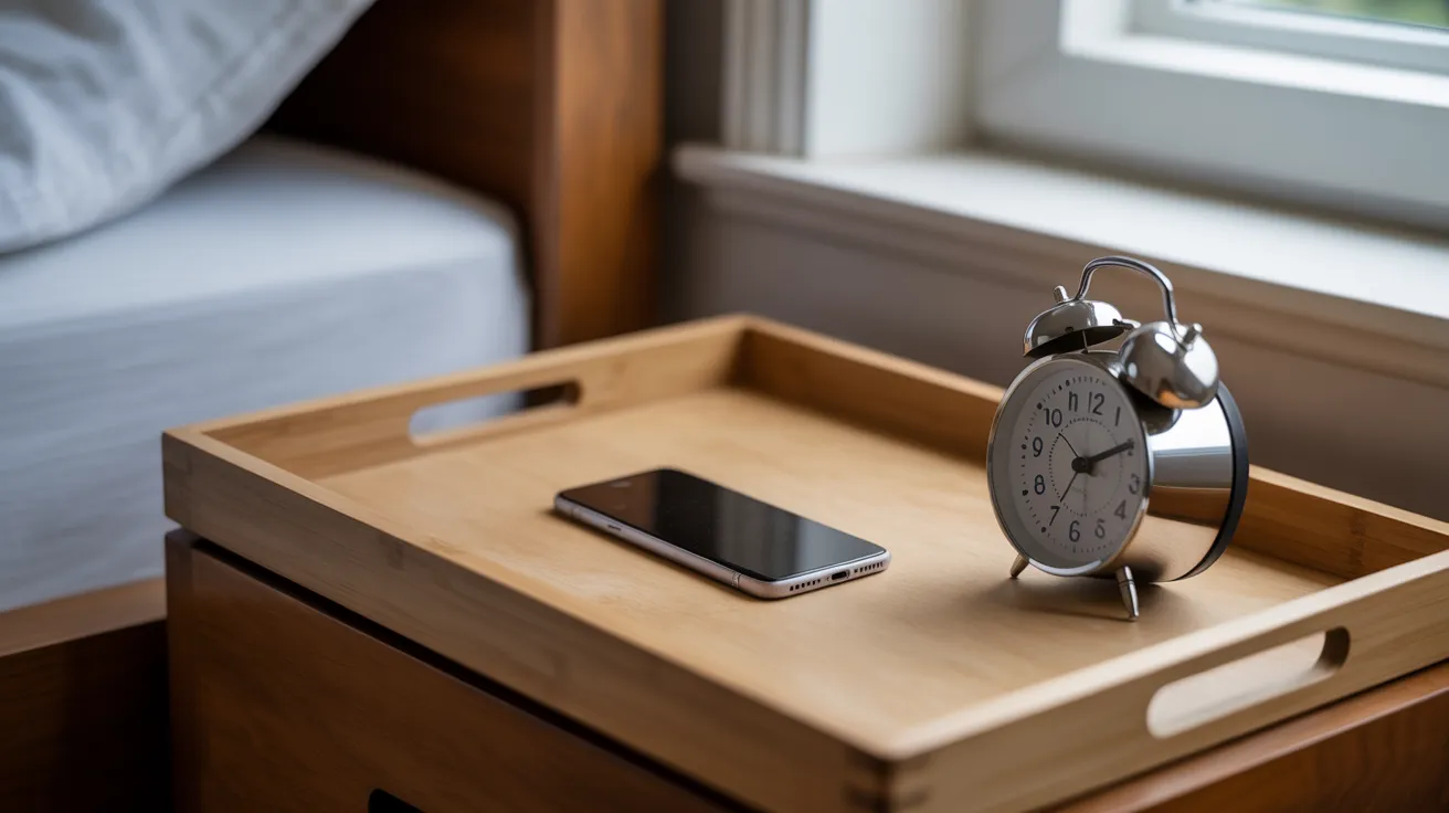 A smartphone lies face down in a wooden tray on a nightstand next to an analog clock, symbolizing a digital detox morning ritual.