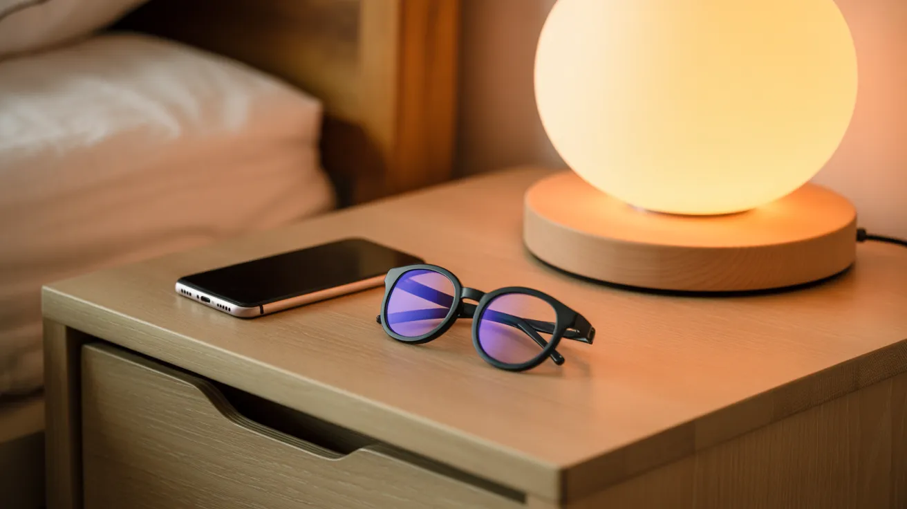 A smartphone face down on a nightstand beside a lamp and a pair of reading glasses, illuminated by gentle morning light.