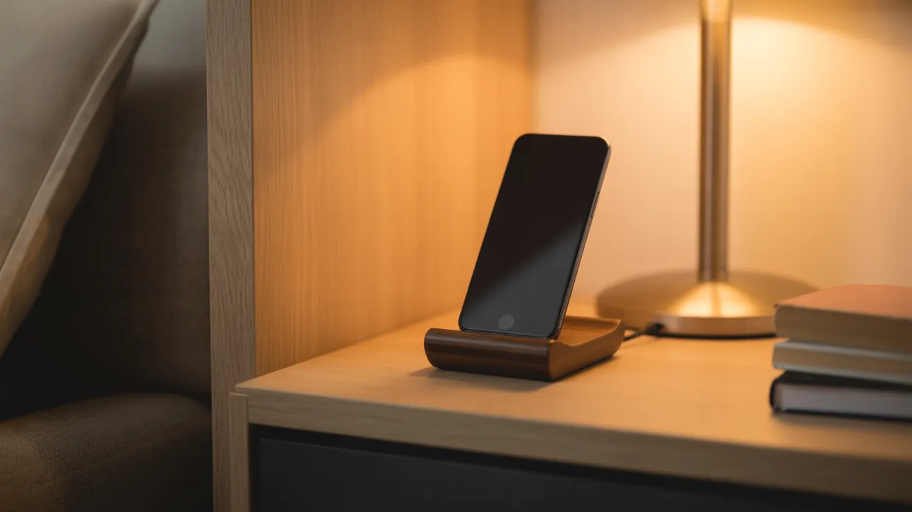 A smartphone charges on a bookshelf in a softly lit room, symbolizing a digital detox before bed.